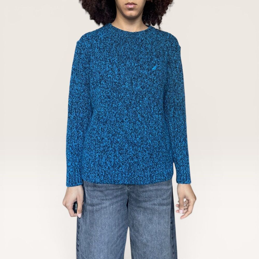 Nautica‎ Blue Marled Knit Crewneck Sweater Large Long Sleeve Pullover Logo